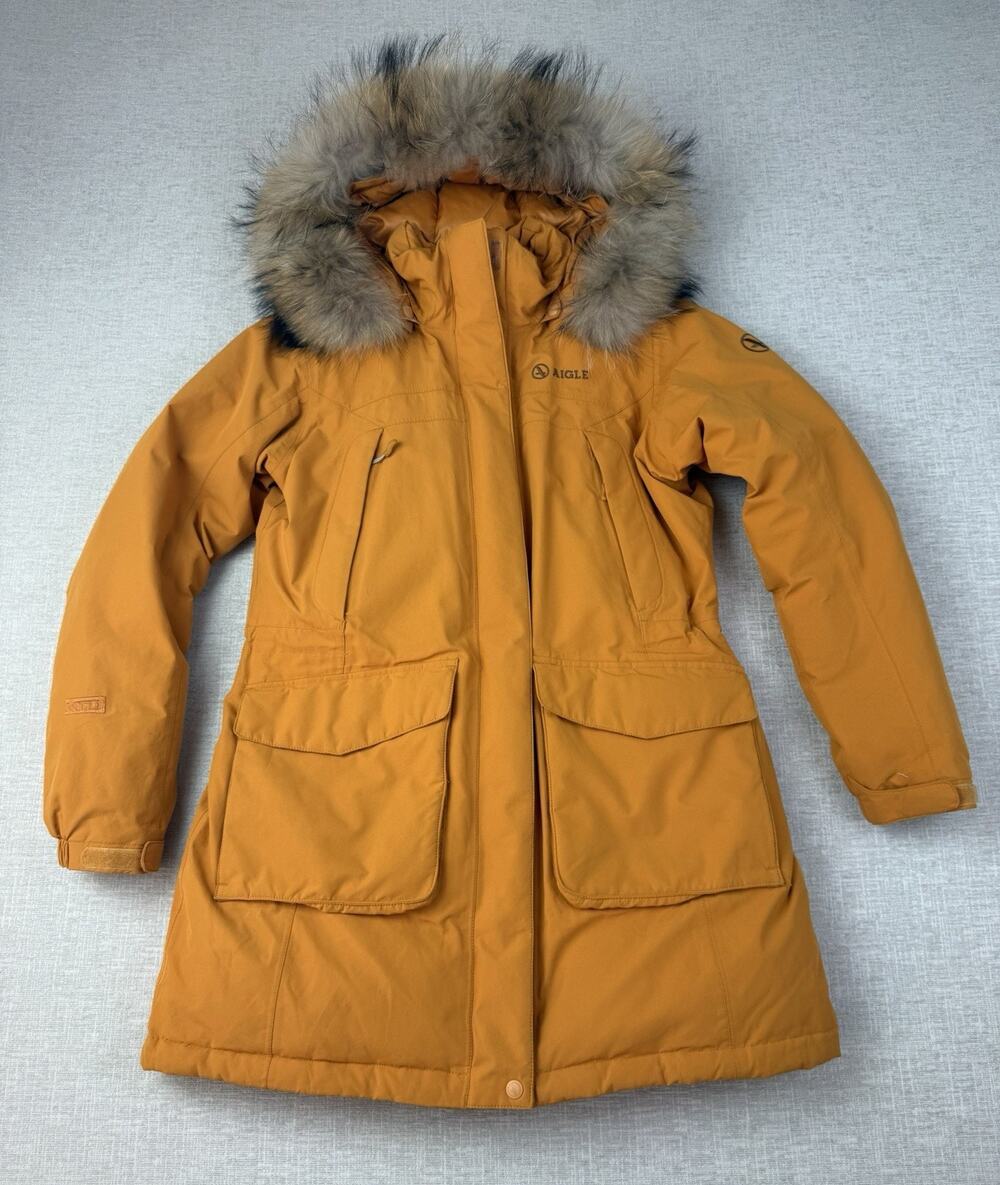 Aigle MTD Down Parka Jacket Women’s Medium Hooded Faux Fur Orange Coat